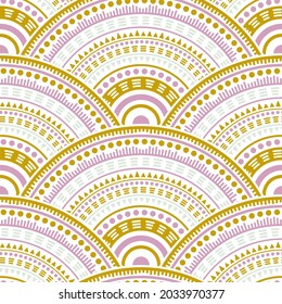 Moroccan mandala circles tile design vector seamless pattern. Folk motifs contemporary repeating illustration. Arabic folk medallion concentric shapes seamless geometric pattern.
