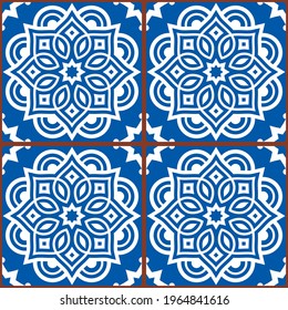 Moroccan mandala tile seamless vector pattern in white on blue background, gometric ornamental wallpaper, textile or fabric print decor. Repetitive mosaic inspired by ceramic tiles from Morocco