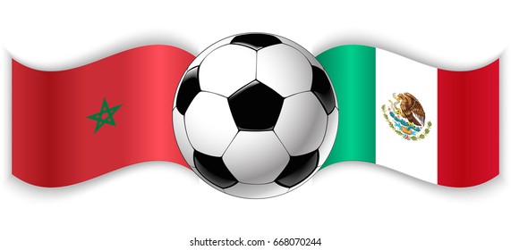 Moroccan and Mexican wavy flags with football ball. Morocco combined with Mexico isolated on white. Football match or international sport competition concept.
