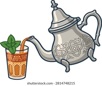 Moroccan Mint Tea Pouring From Teapot Into Traditional Glass