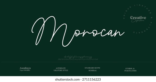 Moroccan es una fuente de escritura moderna, mínima y lujosa. Ideal para marcas de alta gama, empaques y logotipos elegantes. Su flujo limpio le da a sus diseños un aspecto premium.