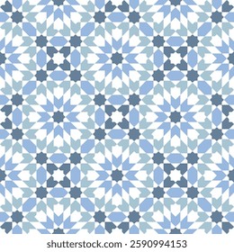 Moroccan Mosaic art of kites, square, and star shapes with turquoise, blue and grey color,