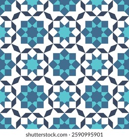 Moroccan Mosaic art of kites, square, and star shapes with turquoise, blue and grey color,