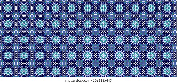 Moroccan Mosaic Pattern in Teal and  Light Blue on Navy, White-Outlined Grid with Gray Accents, Decorative Tile or Textile Design with Geometric Precision"
