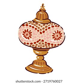 Marokkanische Mosaik Tischlampe mit dekorativen Glaskörper, traditionelle geometrische Ornamente und orientalische Muster. ?kulturelles Dekoelement, Reise nach Marokko Thema, Cartoon Doodle-Stil, Vektorgrafik