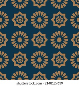 Moroccan mosque pattern in gold and blue color. Decorative seamless background.