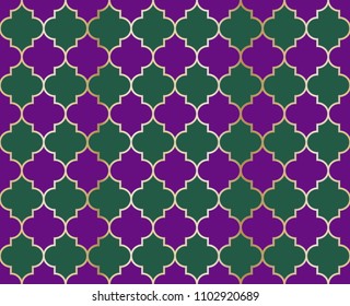Moroccan Mosque Vector Seamless Pattern. Ramadan mubarak muslim background.  Traditional ramadan kareem mosque pattern with gold grid mosaic.  Islamic textile grid design of lantern shapes tiles