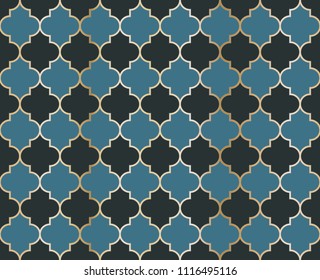 Moroccan Mosque Vector Seamless Pattern. Eid al fitr muslim background.  Holy month ramadan kareem mosque pattern with gold grid mosaic.  Islamic textile grid design of lantern shapes tiles
