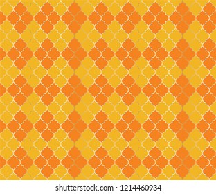 Moroccan Mosque Vector Seamless Pattern. Argyle rhombus muslim fabric background. Traditional ramadan pattern with gold grid. Trendy islamic argyle seamless design of lantern lattice shape tiles.