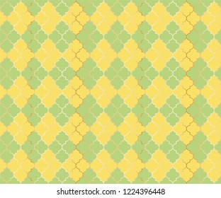Moroccan Mosque Vector Seamless Pattern. Argyle rhombus muslim textile background. Traditional mosque pattern with gold grid. Cool islamic argyle seamless design of lantern lattice shape tiles.