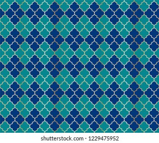 Moroccan Mosque Vector Seamless Pattern. Argyle rhombus muslim fabric background. Traditional mosque pattern with gold grid. Trendy islamic argyle seamless design of lantern lattice shape tiles.