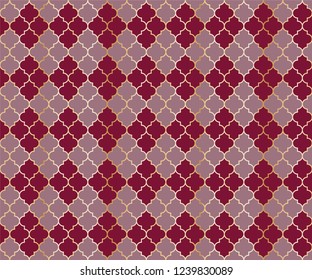 Moroccan Mosque Vector Seamless Pattern. Argyle rhombus muslim fabric background. Traditional ramadan pattern with gold grid. Chic islamic argyle seamless design of lantern lattice shape tiles.