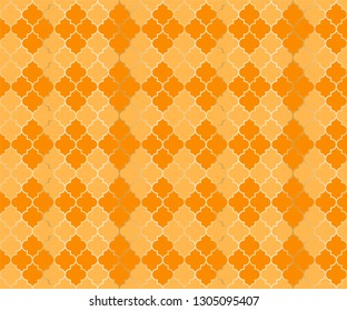 Moroccan Mosque Vector Seamless Pattern. Argyle rhombus muslim textile background. Traditional mosque pattern with gold grid. Rich islamic argyle seamless design of lantern lattice shape tiles.