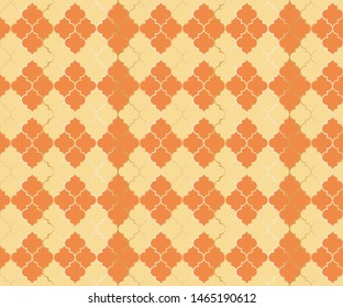 Moroccan Mosque Vector Seamless Pattern. Argyle rhombus muslim fabric background. Traditional mosque pattern with gold grid. Chic islamic argyle seamless design of lantern lattice shape tiles.