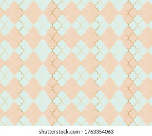 Moroccan Mosque Vector Seamless Pattern. Argyle rhombus muslim fabric background. Traditional mosque pattern with gold grid. Rich islamic argyle seamless design of lantern lattice shape tiles.