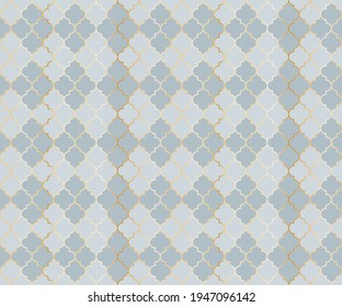 Moroccan Mosque Vector Seamless Pattern. Argyle rhombus muslim textile background. Traditional mosque pattern with gold grid. Cool islamic argyle seamless design of lantern lattice shape tiles.