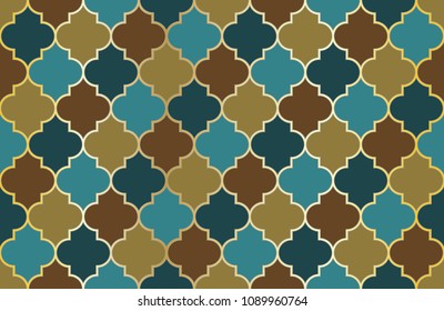 Moroccan Mosque Window Vector Seamless Pattern. Ramadan mubarak muslim background.  Traditional ramadan kareem mosque pattern with gold grid mosaic.  Islamic textile grid design of lantern shape tiles