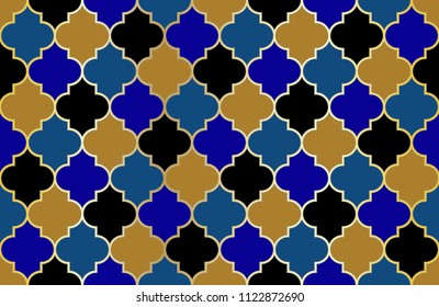 Moroccan Mosque Window Vector Seamless Pattern. Ramadan mubarak muslim background.  Traditional ramadan kareem mosque pattern with gold grid mosaic.  Islamic textile grid design of lantern shape tiles