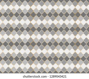 Moroccan Mosque Window Vector Seamless Pattern. Ramadan mubarak muslim background. Traditional ramadan mosque pattern with gold grid mosaic. Trendy islamic window grid design of lantern shapes tiles.