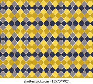 Moroccan Mosque Window Vector Seamless Pattern. Ramadan mubarak muslim background. Traditional ramadan mosque vector pattern with gold grid. Stylish islamic window grid design of lantern shape tiles.