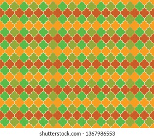Moroccan Mosque Window Vector Seamless Pattern. Ramadan mubarak muslim background. Traditional ramadan mosque pattern with gold grid. Islamic window grid design of lantern shapes tiles.