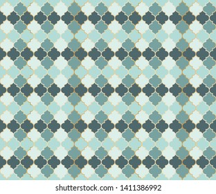 Moroccan Mosque Window Vector Seamless Pattern. Ramadan mubarak muslim background. Traditional ramadan mosque vector pattern with gold grid. Islamic window grid design of lantern shapes tiles.