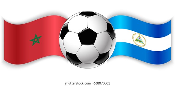 Moroccan and Nicaraguan wavy flags with football ball. Morocco combined with Nicaragua isolated on white. Football match or international sport competition concept.