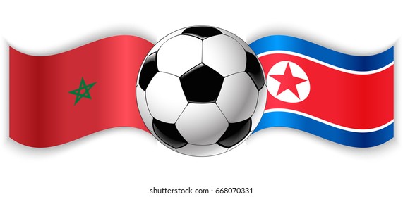 Moroccan and North Korean wavy flags with football ball. Morocco combined with North Korea isolated on white. Football match or international sport competition concept.