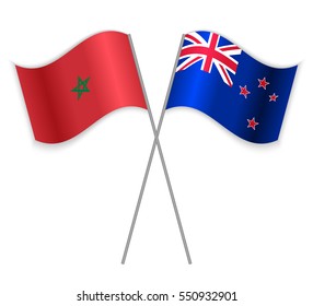 Moroccan and NZ crossed flags. Morocco combined with New Zealand isolated on white. Language learning, international business or travel concept.