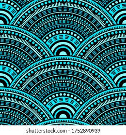 Moroccan overlapping circles background vector seamless pattern. Tribal motifs floral repeating illustration. Arabic folk overlapping circular shapes seamless geometric pattern.