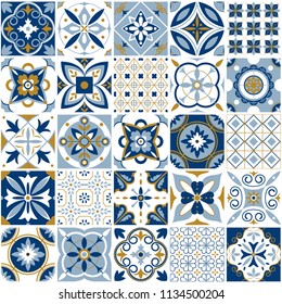 Moroccan pattern. Decor tile texture print mosaic oriental pattern with blue ornament arabesque. Traditional arabic and indian pottery tiling seamless patterns fabric wall interior cloth vector set