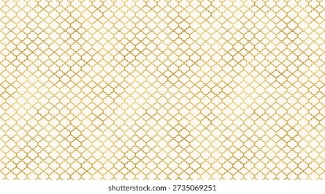 Moroccan pattern horizontal background. Shiny gold Islamic wallpaper. Mosque window golden grid mosaic texture on beige background for cover, decoration, print, backdrop.
