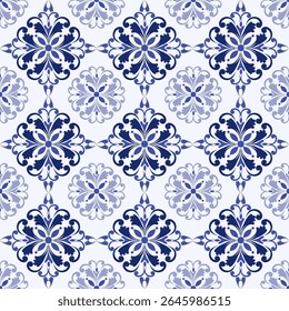 Padrão marroquino.Padrão de azulejo ornamento floral em estilo mediterrâneo com elementos azul-marinho. Damasco.  Padrão contínuo.Fundo de luz ornamental geométrica. Português, holandês azulejo padrão