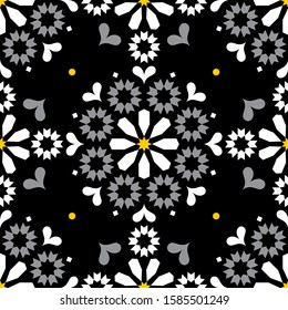 Moroccan or Portuguese vector seamless tile pattern, Azulejo geometric design in white and gray on black. Traditional repetitive background with abstract shapes inspired by tile art 