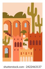 Moroccan poster. Morocco architecture card design. Berber building, vertical background. Ancient Arabian city, Marrakech and Medina, Eastern oriental wall art. Colored flat vector illustrations
