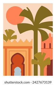 Moroccan poster. Oriental wall art with Morocco buildings, palm trees, Eastern sun. Arab, ancient Berber architecture, abstract interior card background design. Colored flat vector illustrations