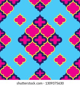 Moroccan Quatrefoil Seamless Pattern In Turquoise And Gold. Mosaic Motif Ogee For Ethnic Background. Suitable For Decorating Baby Shower Card, Wedding, Surface Design, Fabrics, Textiles Wrapping Paper