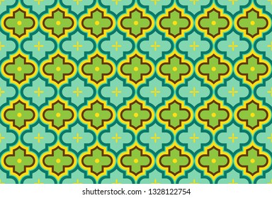 Moroccan Quatrefoil Seamless Pattern In Turquoise And Gold. Mosaic Motif Ogee For Ethnic Background. Suitable For Decorating Baby Shower Card, Wedding, Surface Design, Fabrics, Textiles Wrapping Paper