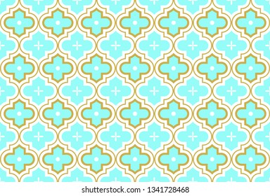Moroccan Quatrefoil Seamless Pattern In Turquoise And Gold. Mosaic Motif Ogee For Ethnic Background. Suitable For Decorating Baby Shower Card, Wedding, Surface Design, Fabrics, Textiles Wrapping Paper