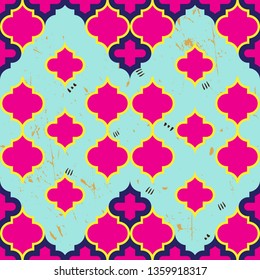 Moroccan Quatrefoil Seamless Pattern In Turquoise And Gold. Mosaic Motif Ogee For Ethnic Background. Suitable For Decorating Baby Shower Card, Wedding, Surface Design, Fabrics, Textiles Wrapping Paper