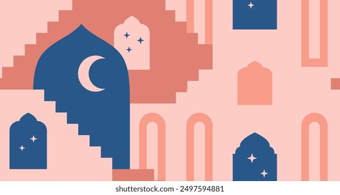 Moroccan red city wall with arch, window, gate, crescent. Arabic style landscape with stars, moon. Vector seamless border.