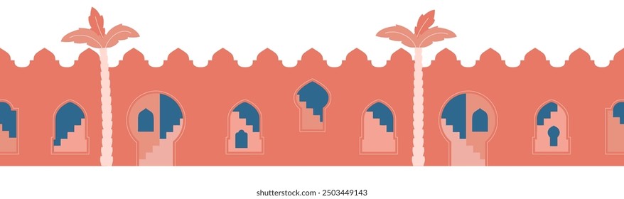 Moroccan red city wall with arch, window, gate. Arabic style landscape with palm. Vector seamless border.