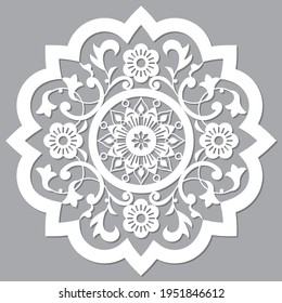 Moroccan retro carved mandala design, vector detailed arabic pattern with flowers, leaves and swirls. Arabic traditional decoration in white on gray, ornamental art from Morocco

