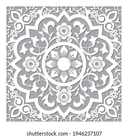 Moroccan retro carved mandala inspired design, vector arabic pattern with flowers, leaves and swirls. Marrakesh traditional decoration in white on gray, traditional detailed art from Morocco


