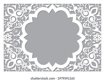 Moroccan retro carved mandala in rectangle frame inspired design with empty space for text, vector detailed arabic pattern with flowers, leaves and swirls - 5x7 format. Marrakesh template decoration 