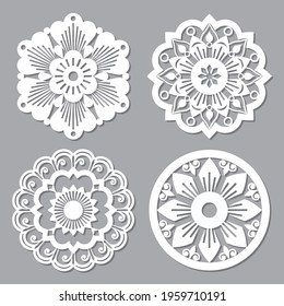 Moroccan retro vector mandala design collections, four openwork vector detailed arabic patterns with flowers, leaves and swirls. Traditional wood carved decoration set, greeting card design elements 