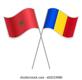 Moroccan and Romanian crossed flags. Morocco combined with Romania isolated on white. Language learning, international business or travel concept.