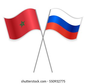 Moroccan and Russian crossed flags. Morocco combined with Russia isolated on white. Language learning, international business or travel concept.