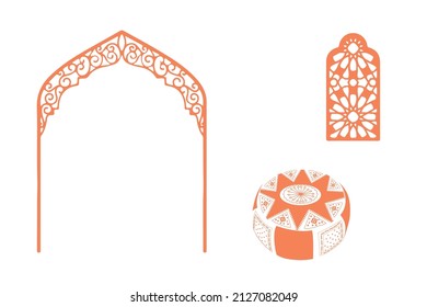 Moroccan scene. A Moroccan door, window and traditional craftsmanship. Terracotta background. Modern and minimalist style. Vector illustration.
