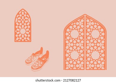 Moroccan scene. A Moroccan door, window and traditional craftsmanship. Terracotta background. Modern and minimalist style. Vector illustration.